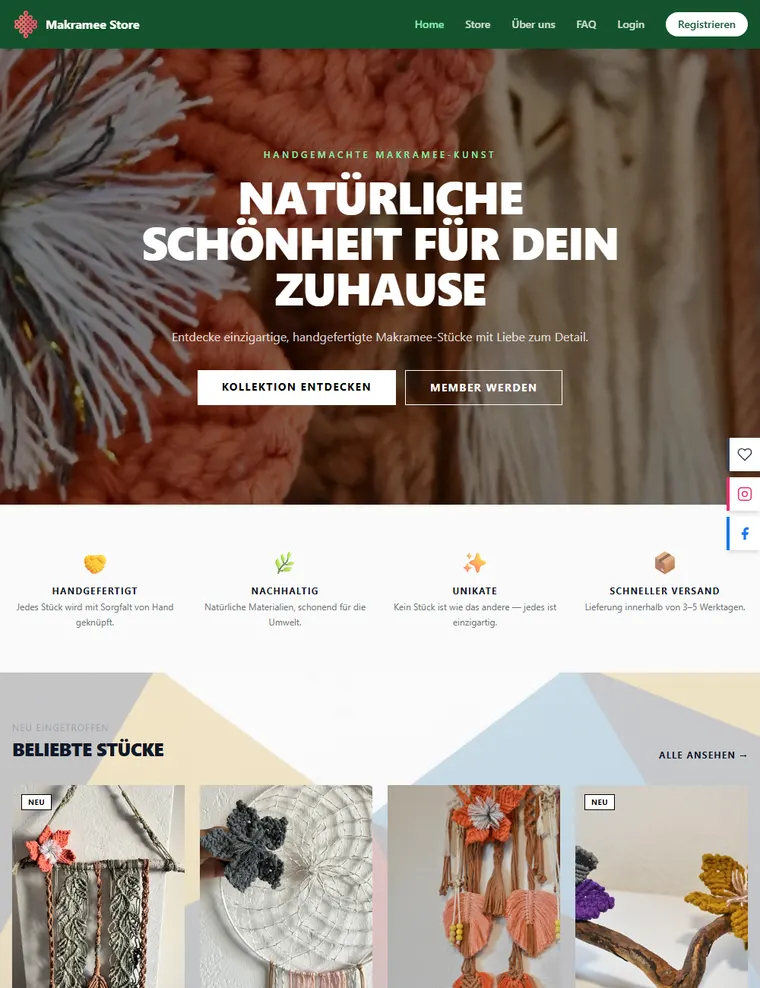 Startseite des Makramee Store mit Makramee-Wandbehang im Hintergrund und Bereich „Beliebte Stücke“